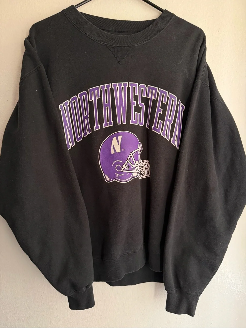 Gear For Sports Black Crewneck with Purple Northwestern Helmet